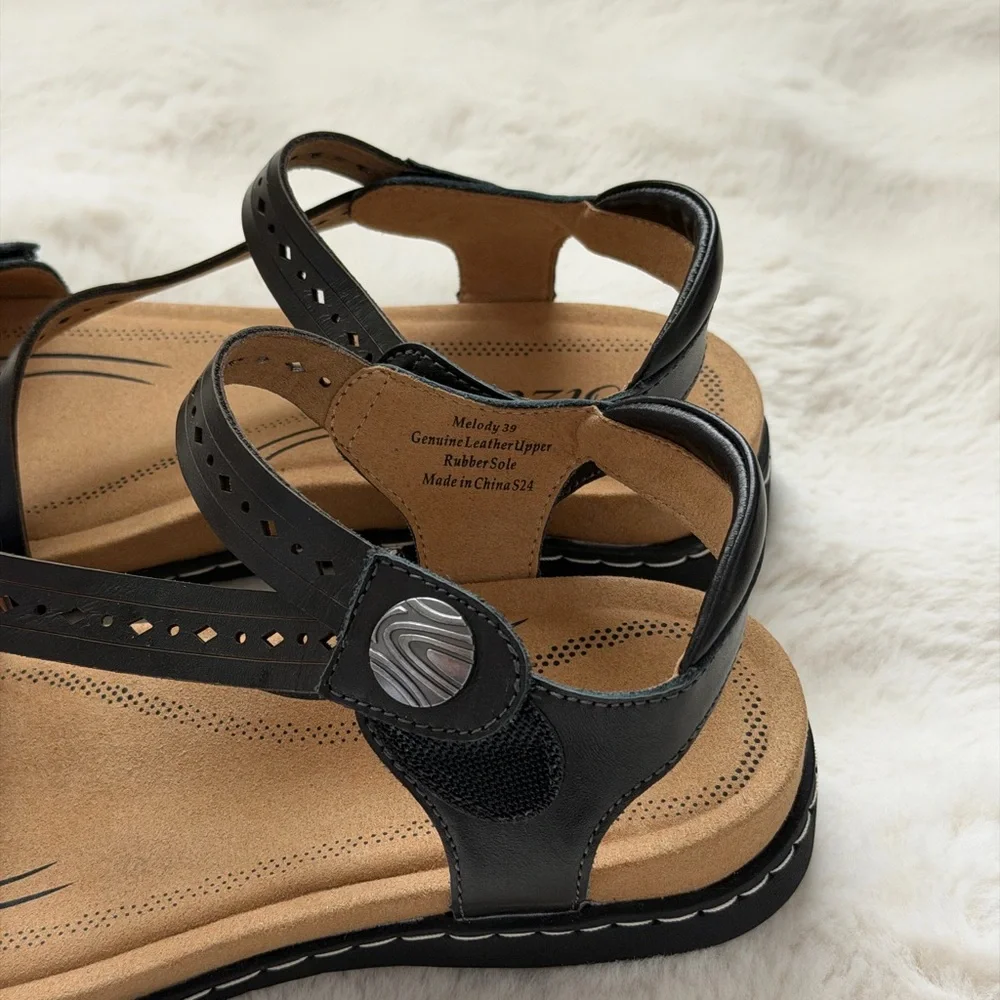 Comfort Black Leather Memory Foam Footbad Sandals EVA Walking Shoes-Biza Melody
